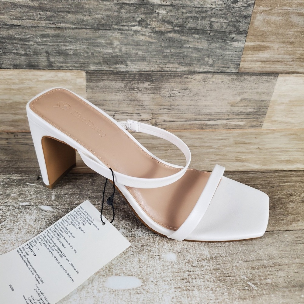 The Drop Avery Womens Sandals Sz 8 White Leather Slip On Square Toe Block Heel